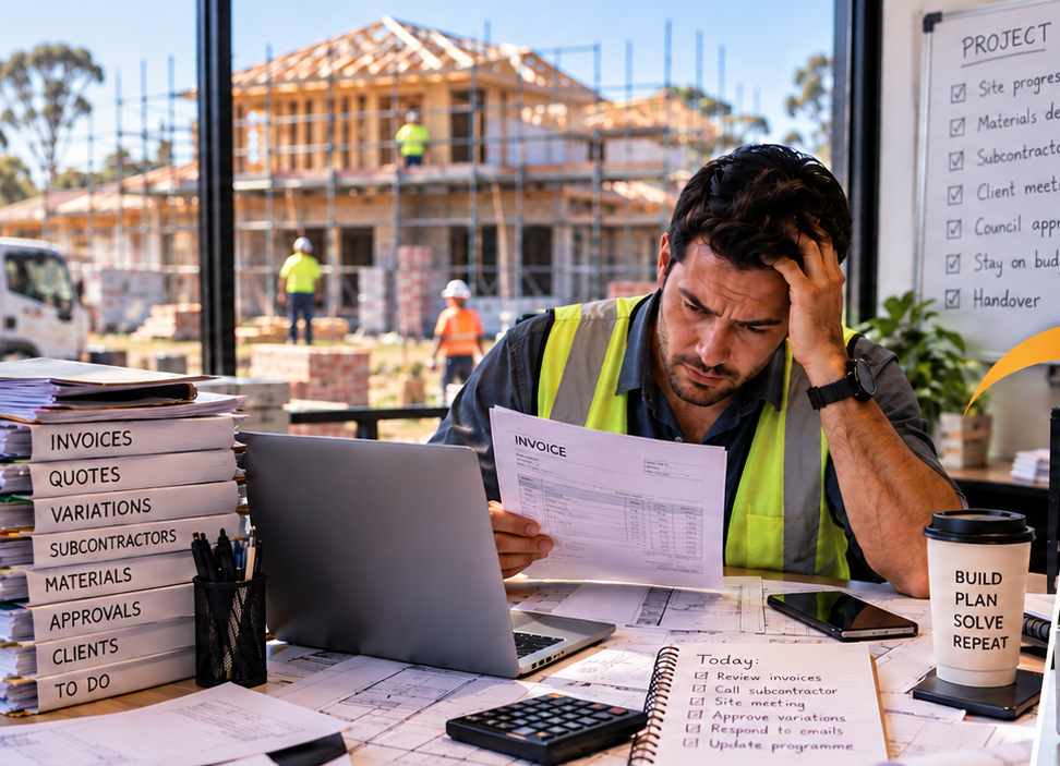 Before: a builder overwhelmed by invoices, quotes and paperwork