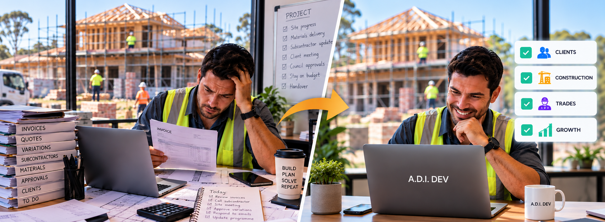 Before and after A.D.I DEV: an overwhelmed builder buried in paperwork, then the same builder relaxed with clients, construction, trades and growth under control
